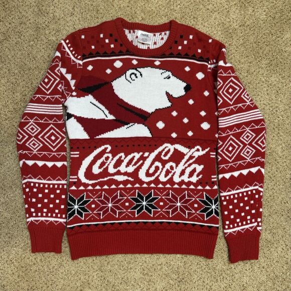 Coca Cola Women's Small Red Polar Bear Ugly Christmas Sweater Holiday Cute Cozy - Picture 1 of 7